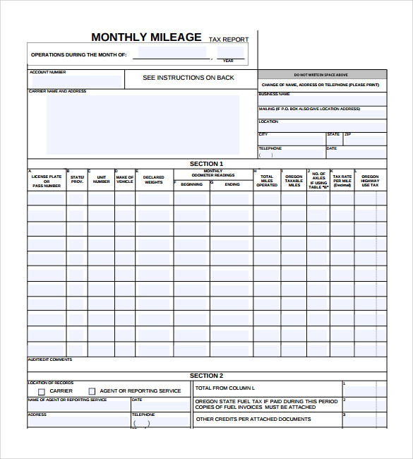 monthly mileage report template