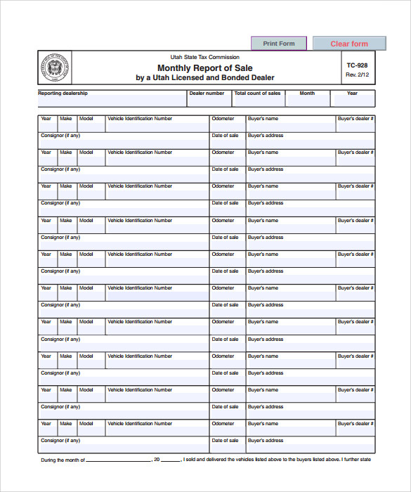 monthly report of sale template