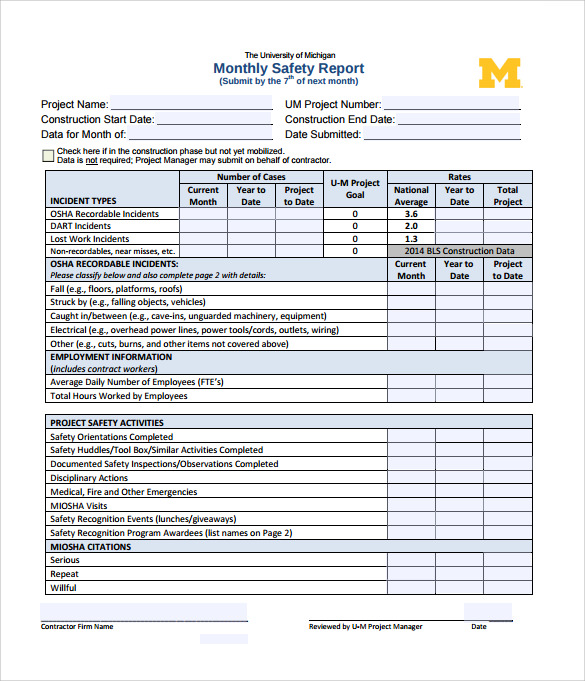 monthly safety report template