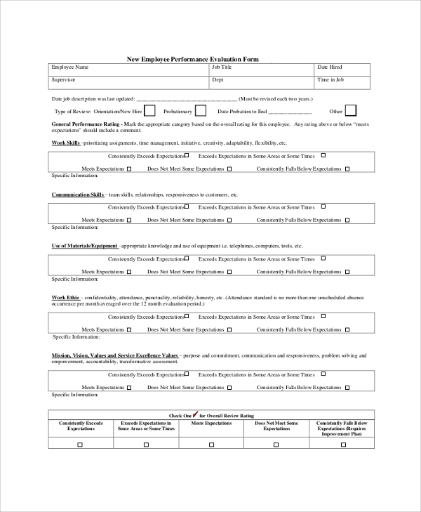 new employee performance evaluation form