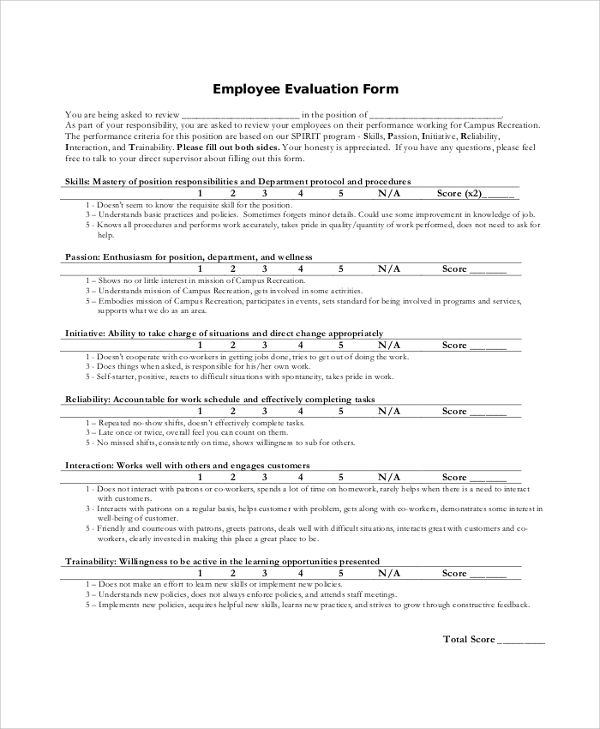 employee work evaluation form