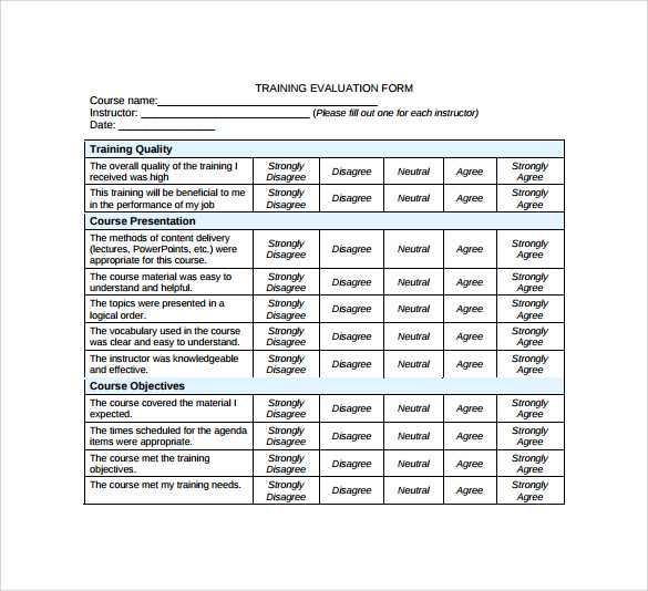 Post Training Evaluation Form Sample