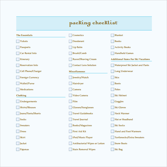 ocean packing checklist template