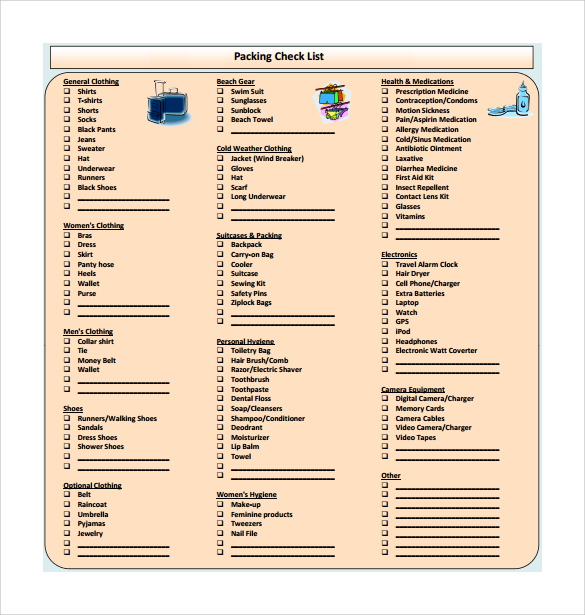 sample travel packing checklist template