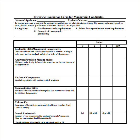 interview evaluation form for managerial candidates