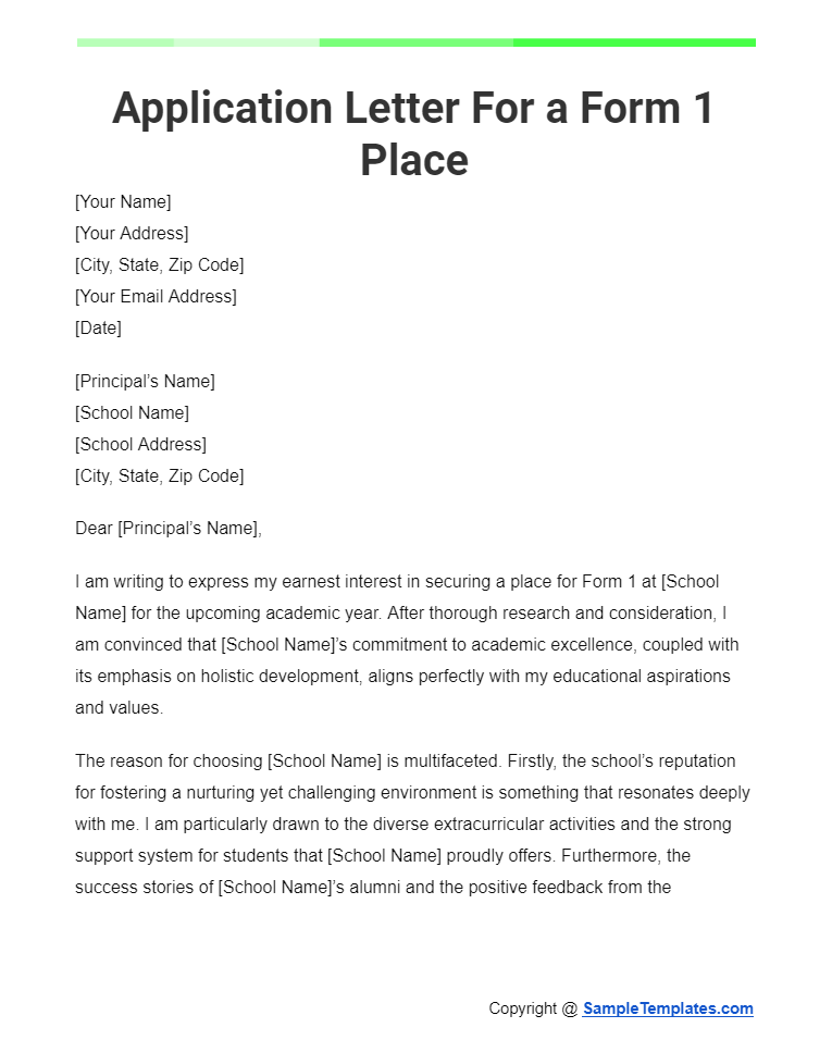 application letter for a form 1 place