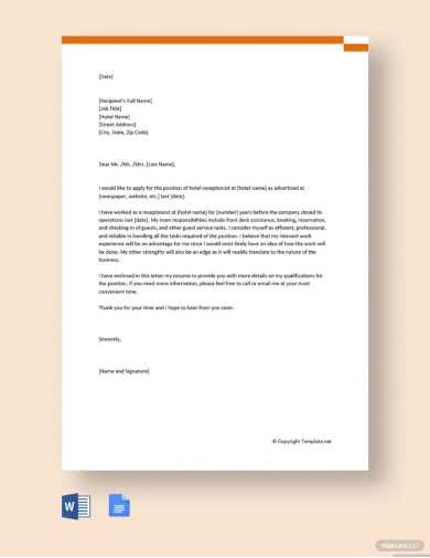 application letter for hotel receptionist template