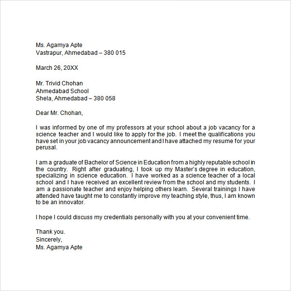 samples of application letter for a teaching position