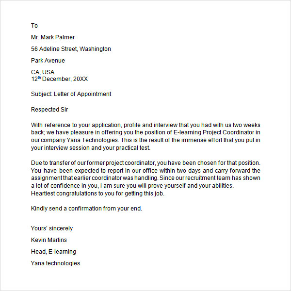 appointment letter job format