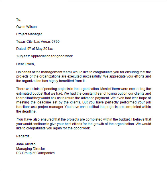 appreciation letter for good work