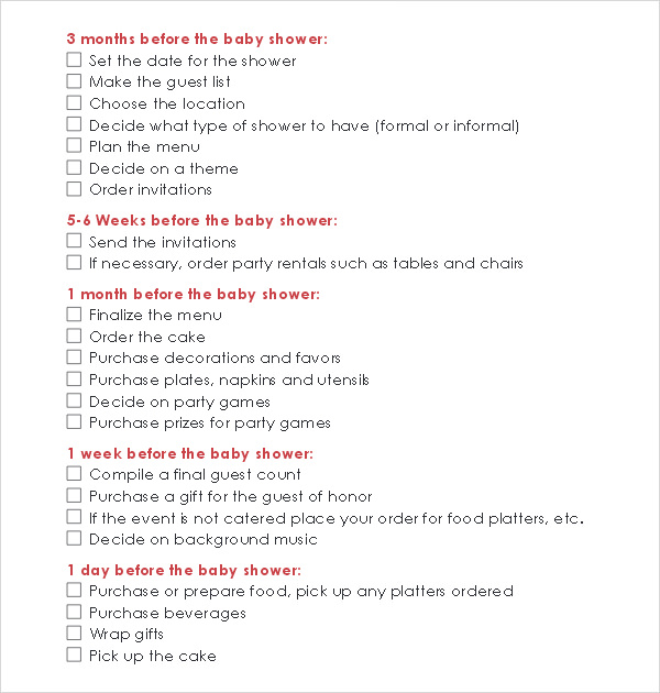 Free 7 Baby Shower Checklist Templates In Google Docs Ms Word Pages Pdf