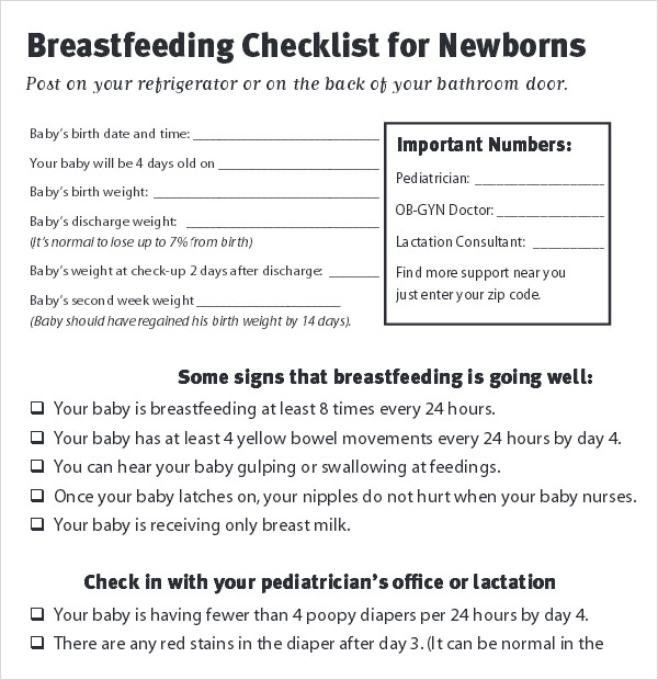 breastfeeding checklist template
