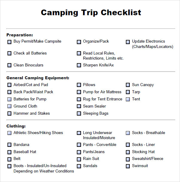 camping check off list