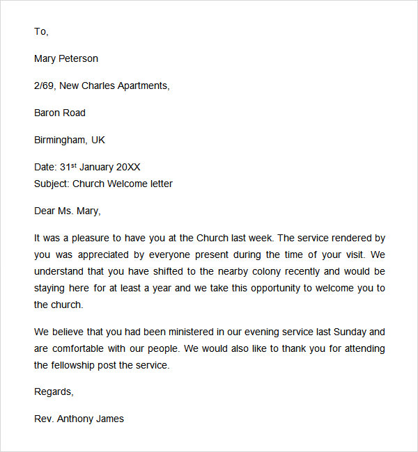 church welcome letter