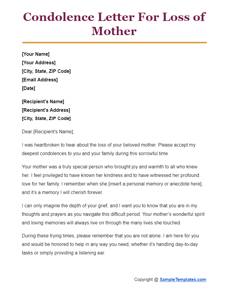 condolence letter for loss of mother