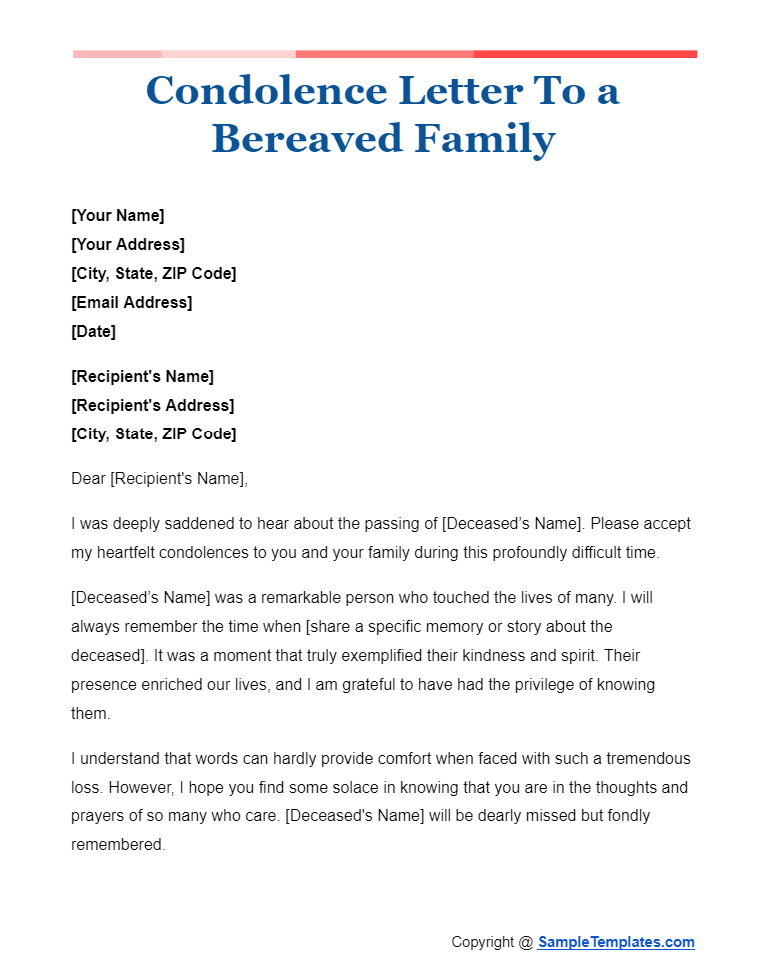 condolence letter to a bereaved family