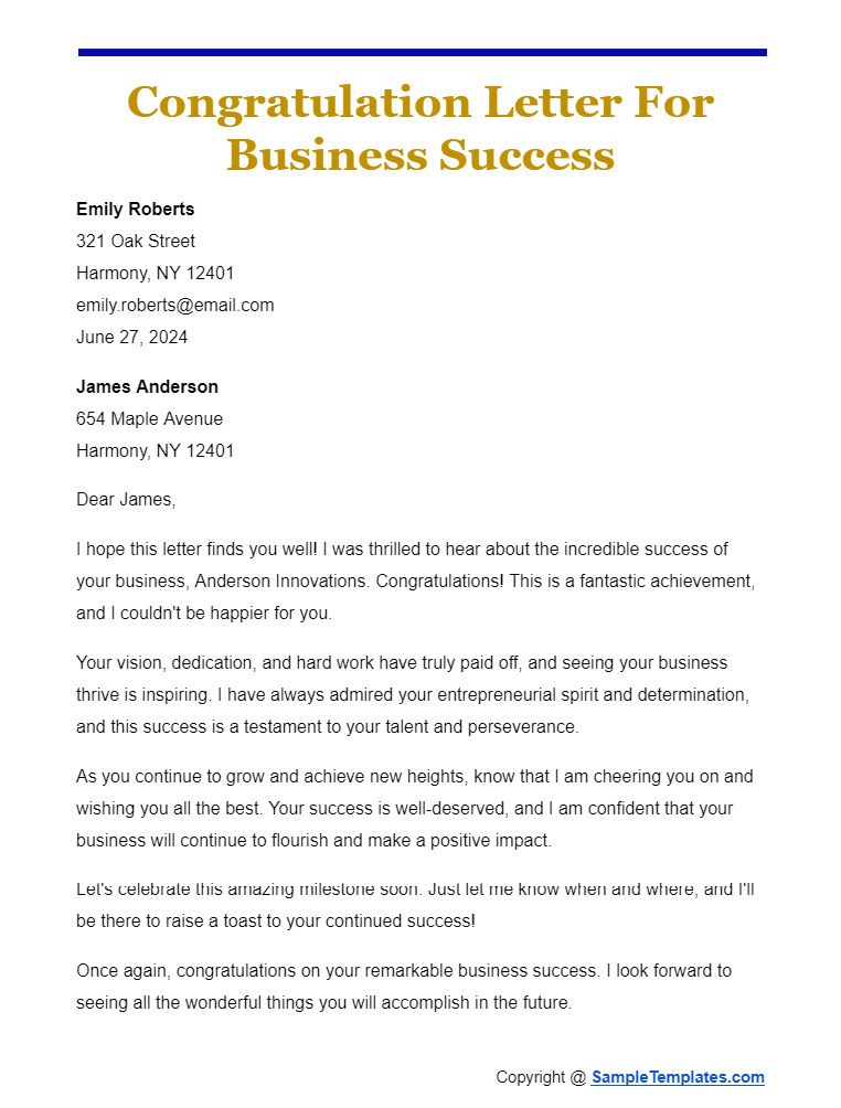 congratulation letter for business success