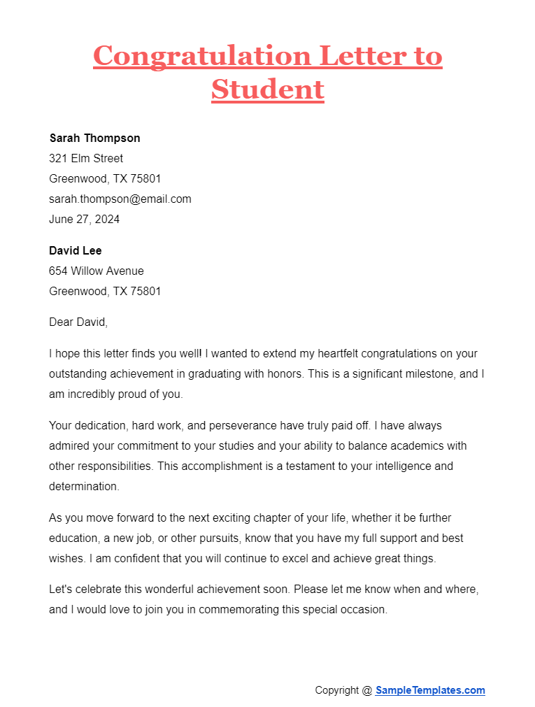 congratulation letter to student