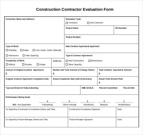 construction contractor evaluation form