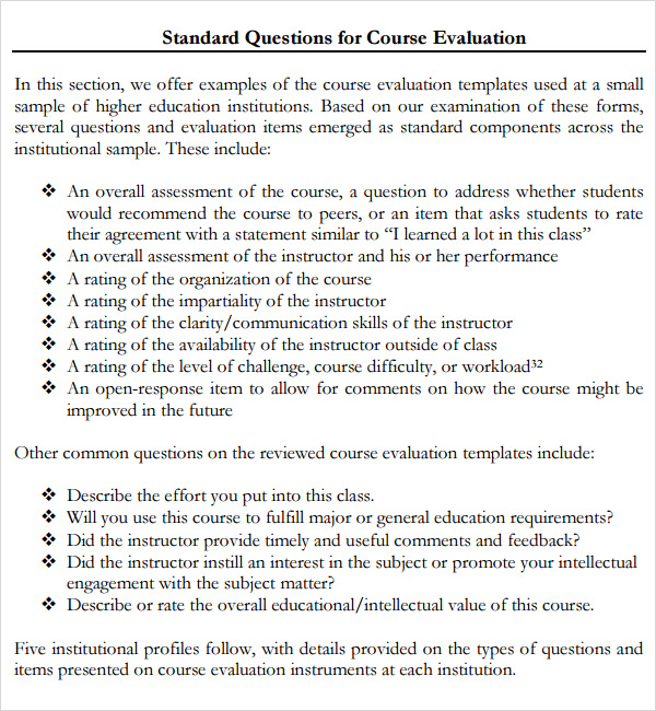 Course Evaluation - 4+ Free Download for PDF