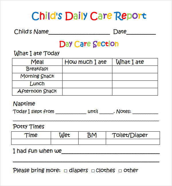 Infant Daily Report Template