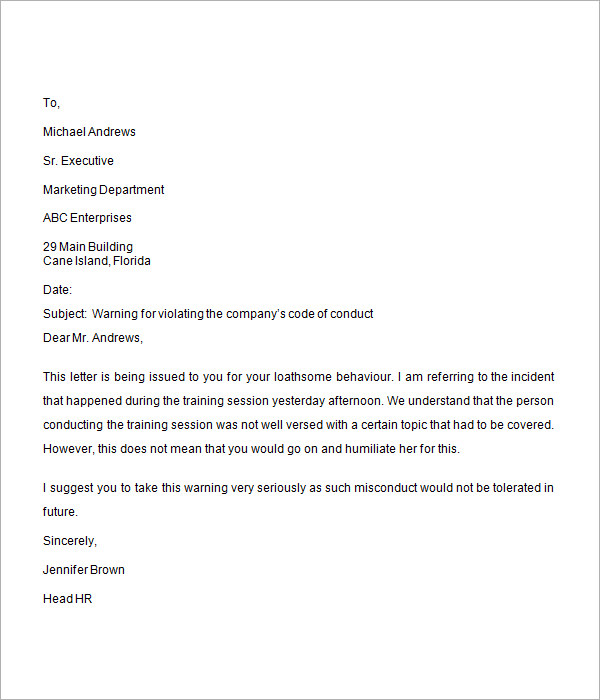 letter issued reprimand Free   Warning  Download Sample Documents in Letter 12