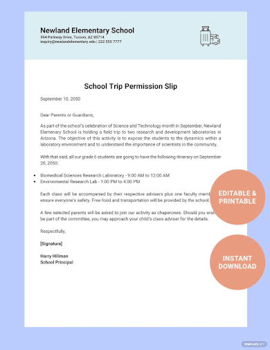 elementary school permission slip template