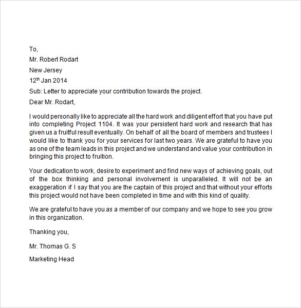 Sample Employee Recognition Letter For Hard Work The Document Template ...