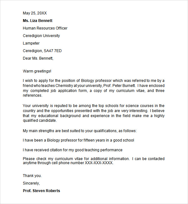 employment application letter template