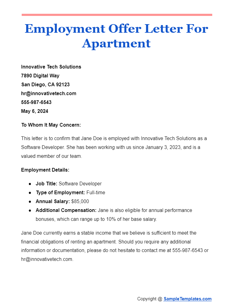 employment offer letter for apartment