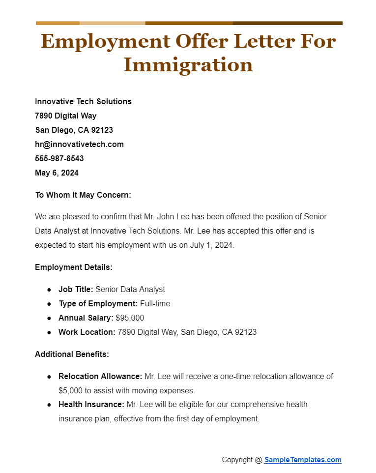 employment offer letter for immigration