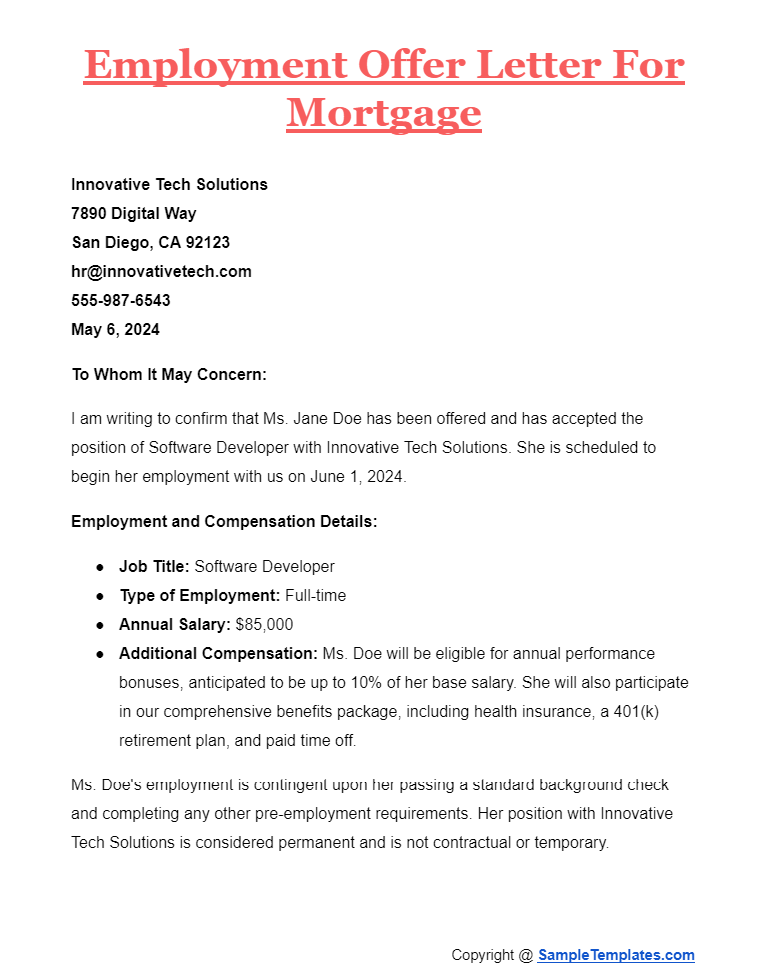 employment offer letter for mortgage