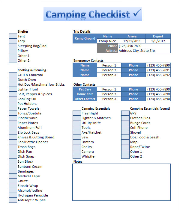 rv camping checklist excel