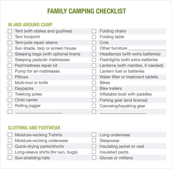 family camping check list template download