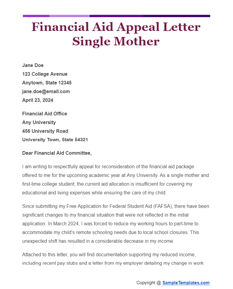 financial aid appeal letter single mother