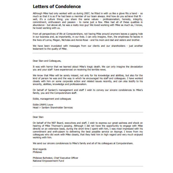 general condolence letter