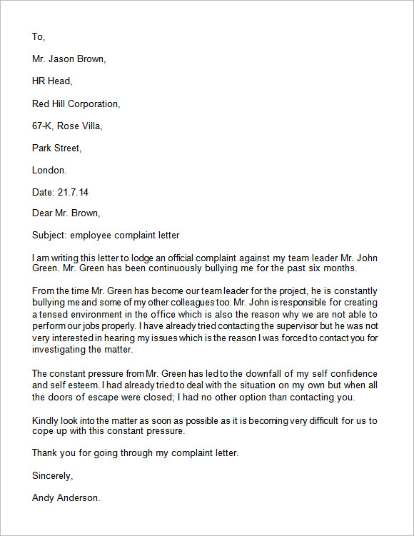 Sample complaint letter against bank staff