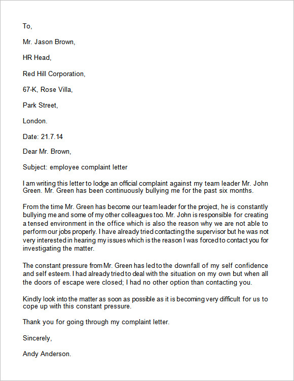 Formal Letter Of Complaint Template