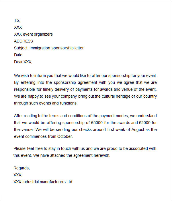 immigration sponsorship letter