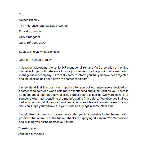 Letter To Unsuccessful Applicant Following Interview)