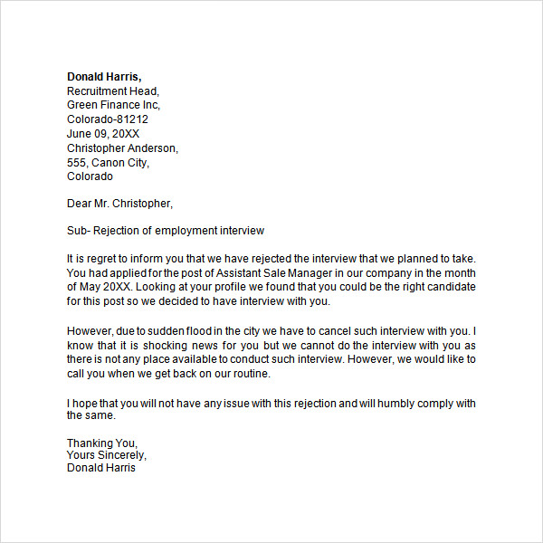 Sample rejection letter for job applicant