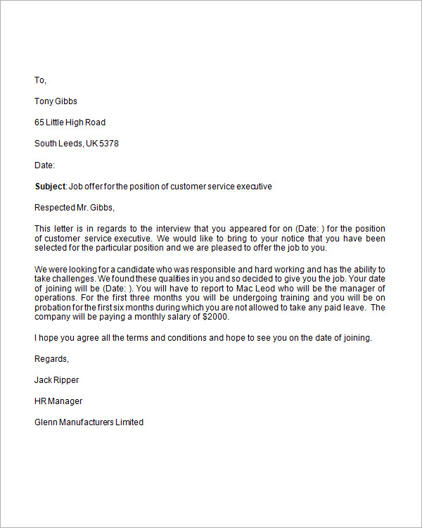 Job Offer Letter Template Free Download