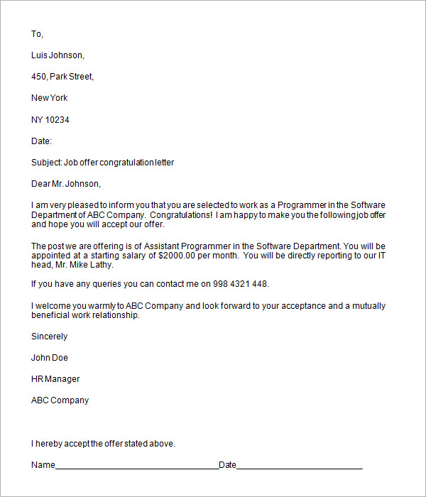 job offer congratulation letter