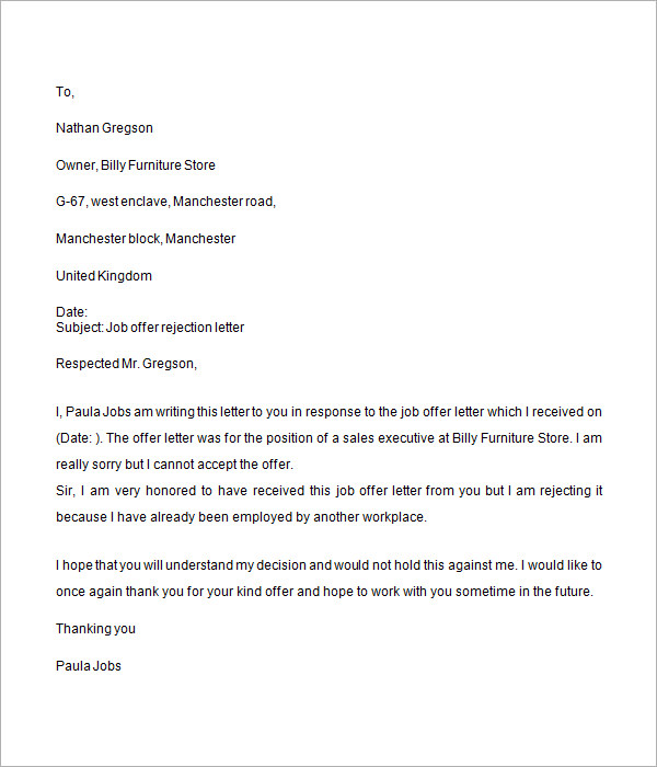 job offer rejection letter