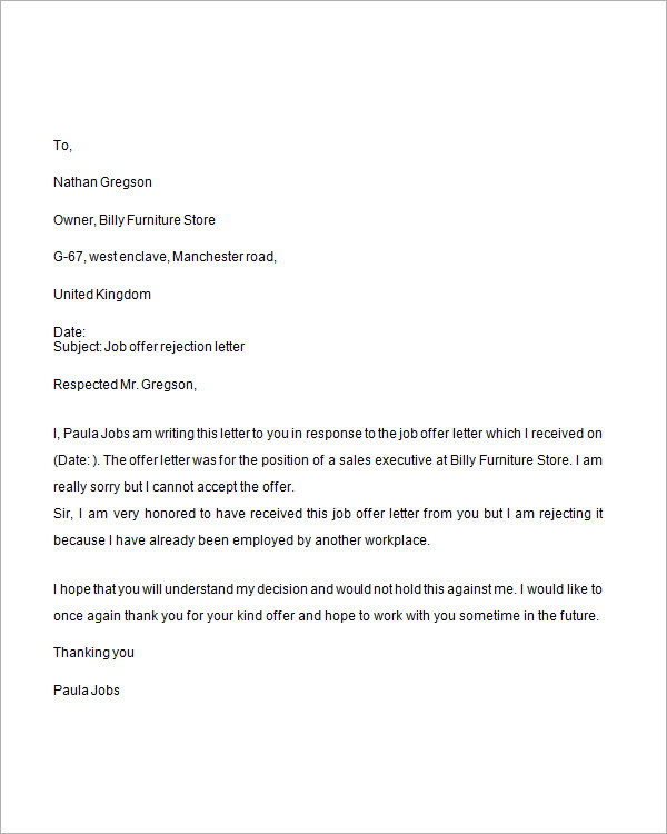 Sample letter for rejecting a job candidate