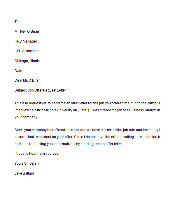 job offer request letter