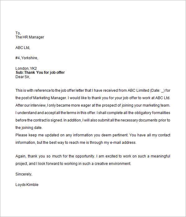 job offer thank you letter