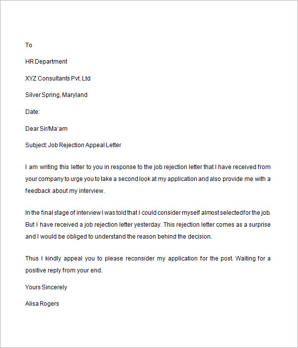 job rejection appeal letter