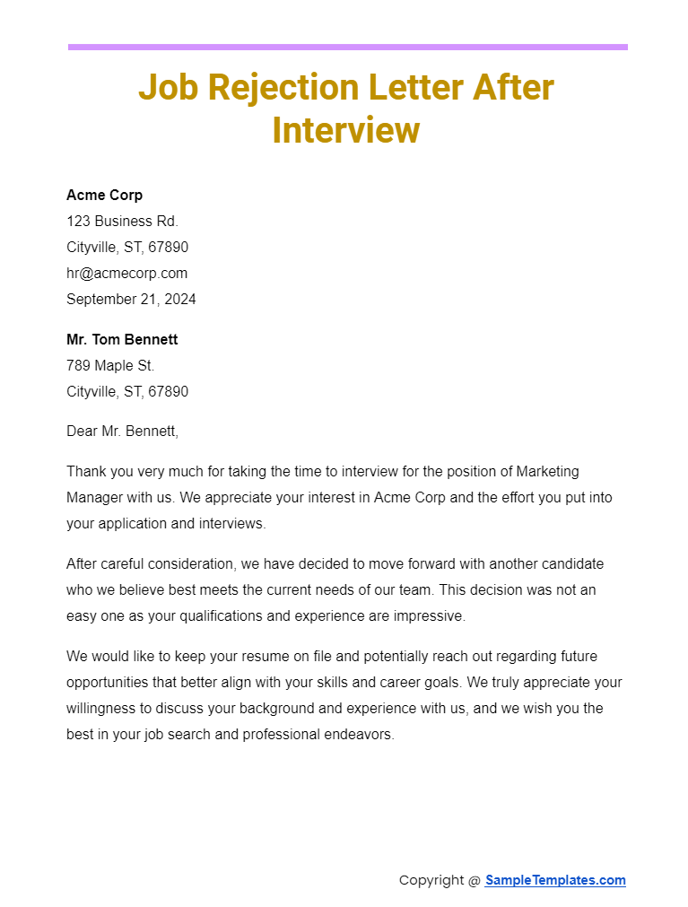 job rejection letter after interview