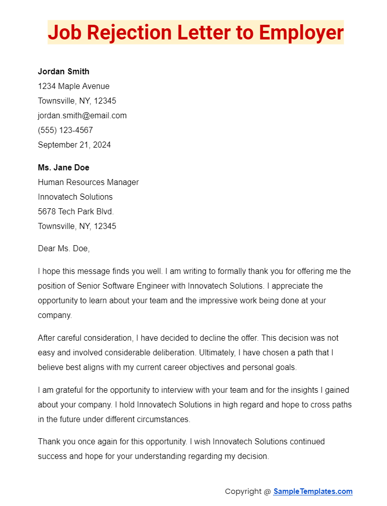 job rejection letter to employer